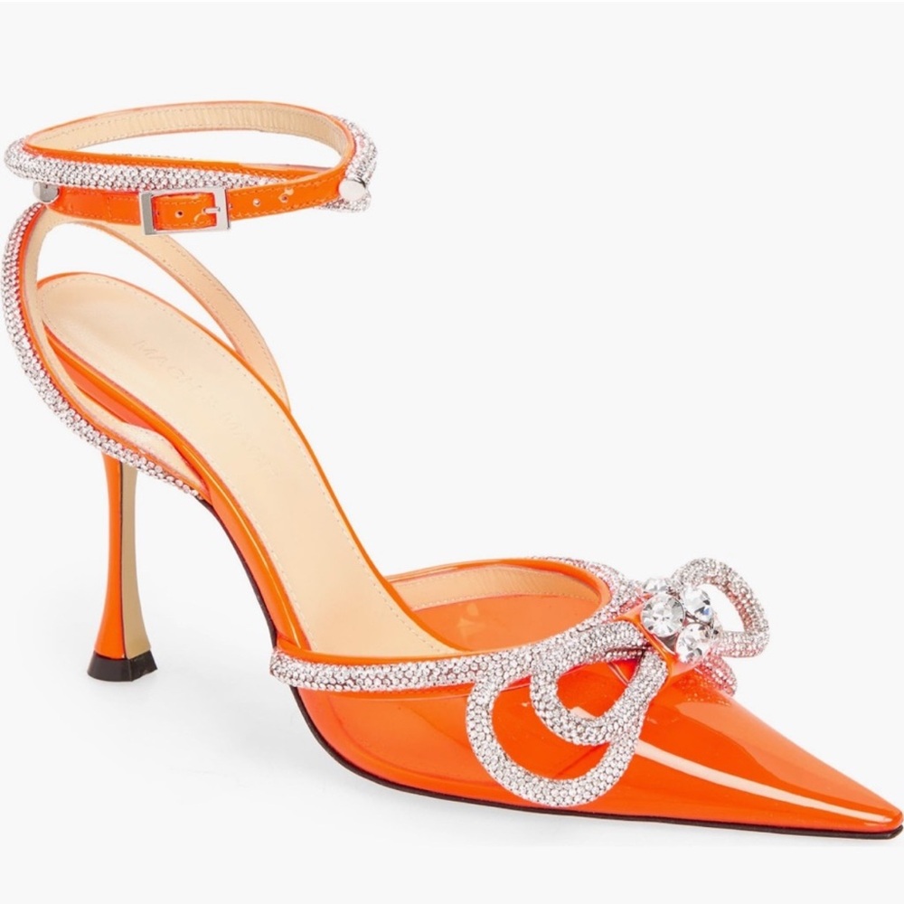 Double Bow Crystal-embellished Neon Pvc And Patent-leather Pumps Orange sz 37.5
